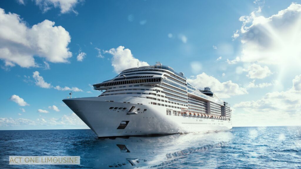 Cruise ship sailing across a calm blue sea under a clear sky, symbolizing a relaxing luxury voyage and carefree vacation.