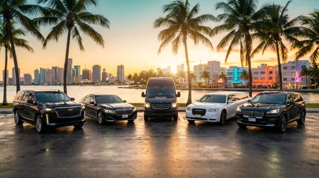 Luxury black limousines and SUVs lined up at sunset in Miami, with city lights and palm trees in the background, showcasing a premium chauffeured fleet.