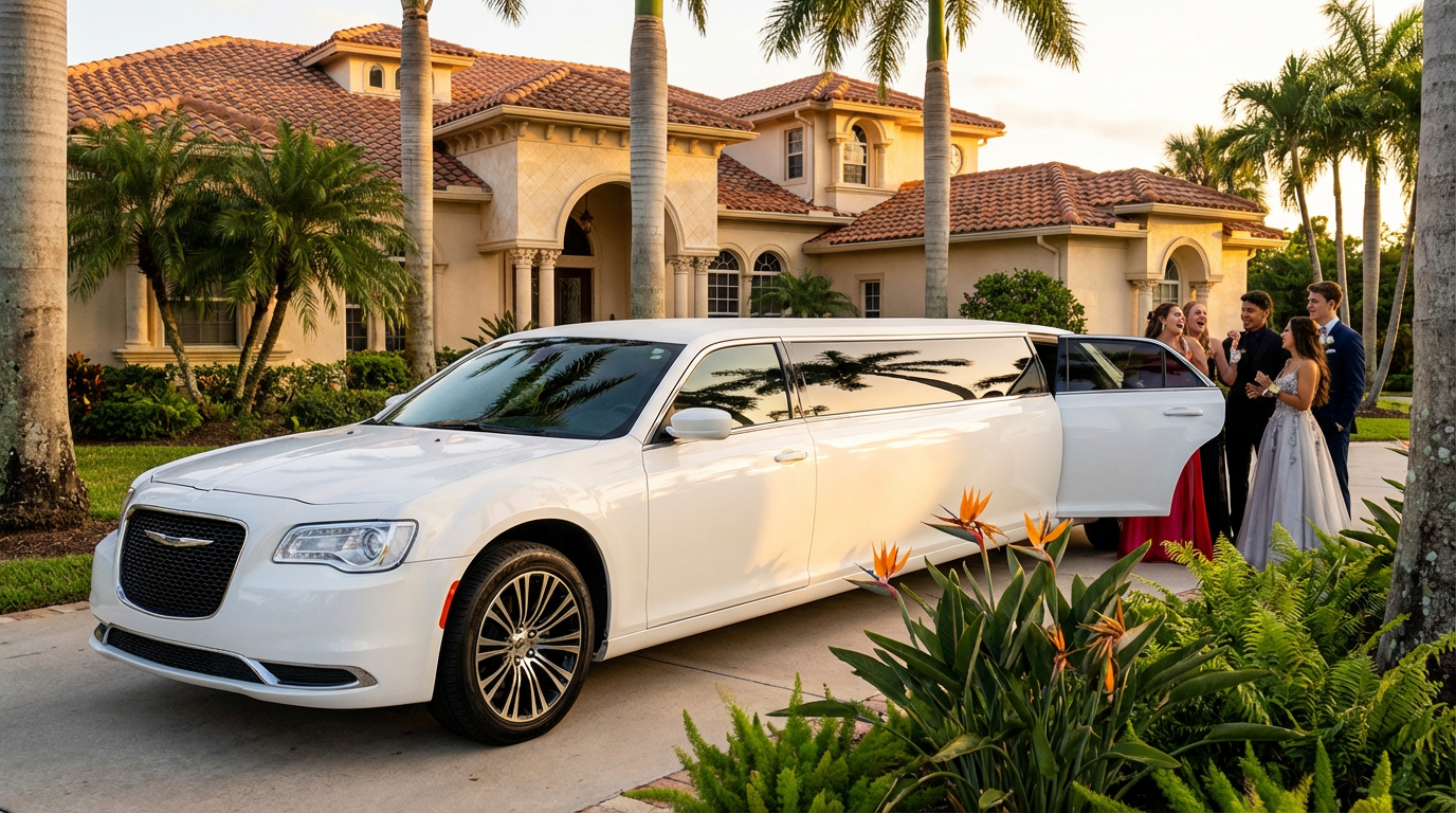 White stretch limousine parked in front of a South Florida home at sunset, with a group of happy, well-dressed teens smiling and getting ready to step inside for prom night.