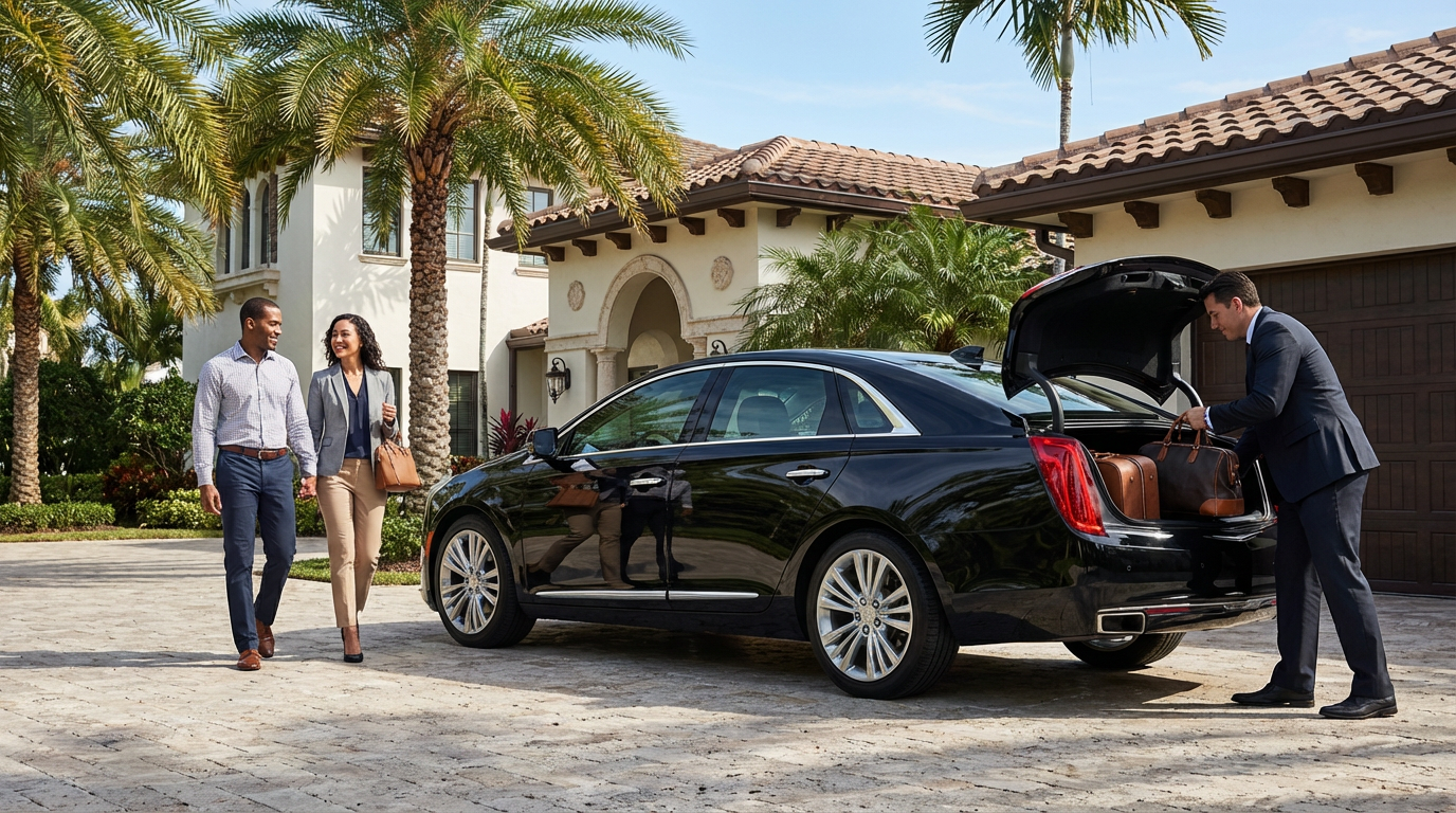 Couple being picked up at home by a chauffeured vehicle for an airport transfer.