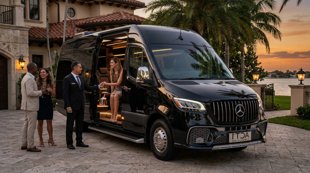 Luxury black event limousine parked outside elegant South Florida mansion at sunset with palm trees